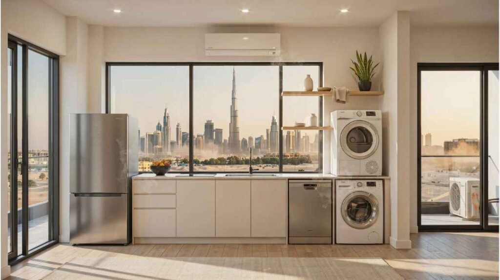 Dubai home appliances including AC, refrigerator, washer, dryer, and dishwasher exposed to heat, humidity, dust, and sand outside the window.