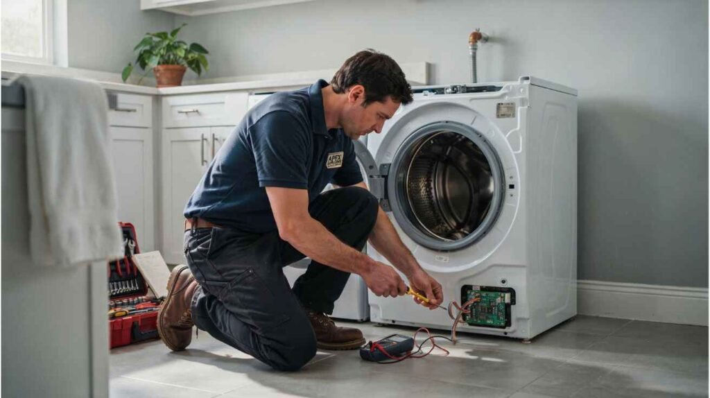 Appliance repair technician diagnosing a front load washer on the floor using tools and a multimeter while checking internal electrical components and drainage system.
