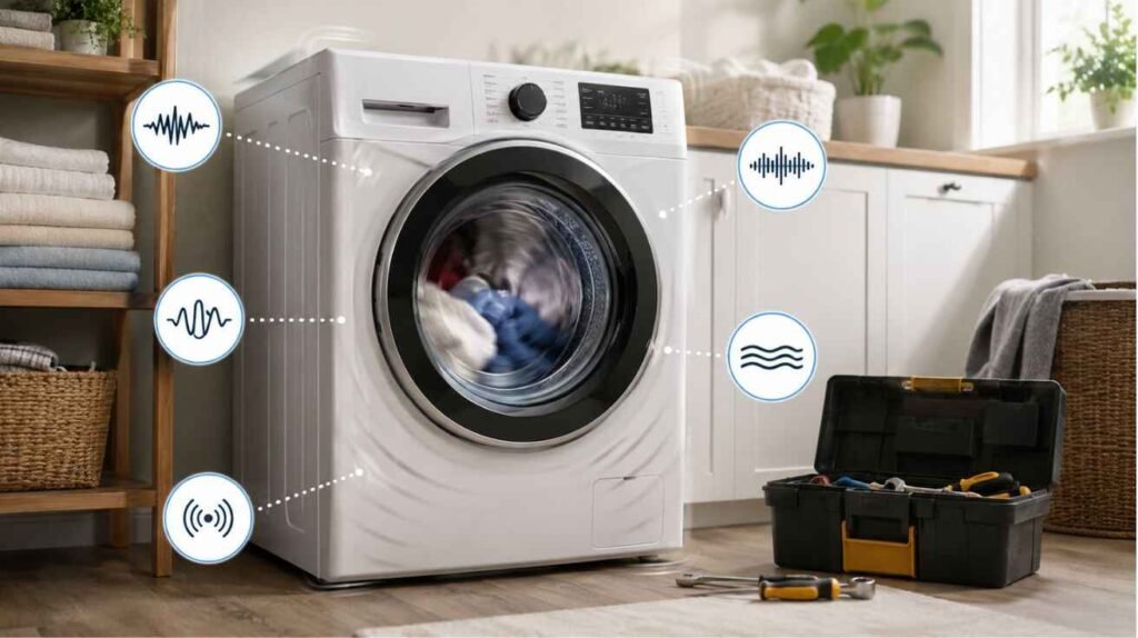 Modern front-load washer vibrating during spin cycle with sound wave icons and repair toolkit in a bright laundry room.