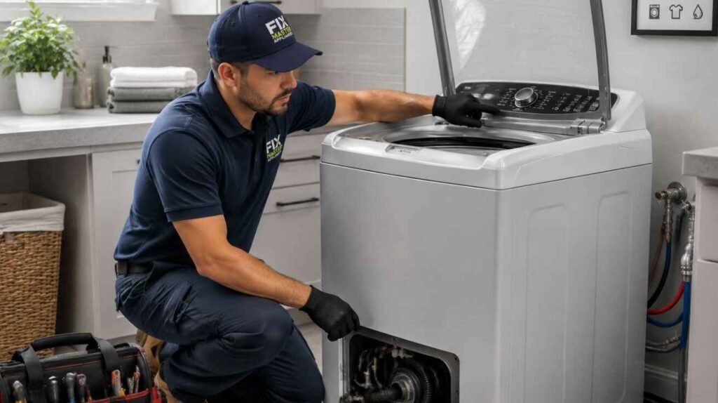 Appliance technician diagnosing a washing machine with tools in a clean laundry room, checking internal components and control panel during repair service.