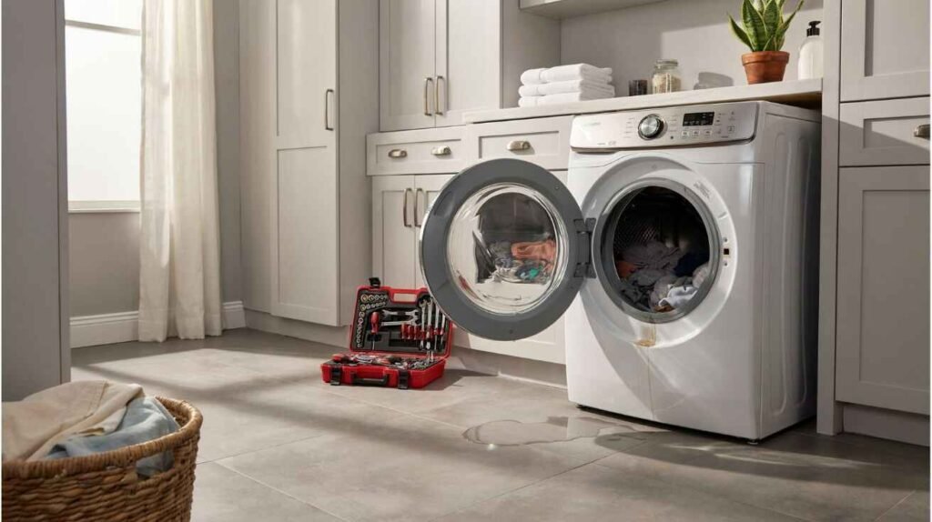 Modern washing machine leaking water in a laundry room with repair tools nearby.
