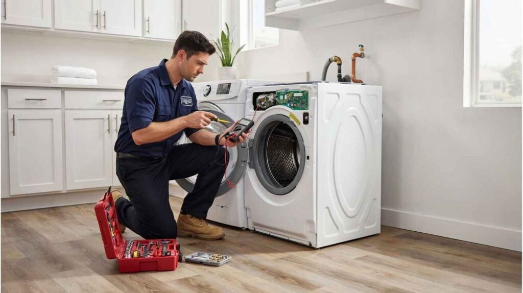 Appliance technician using a multimeter to diagnose a washing machine while performing electrical testing and maintenance in a clean laundry room.