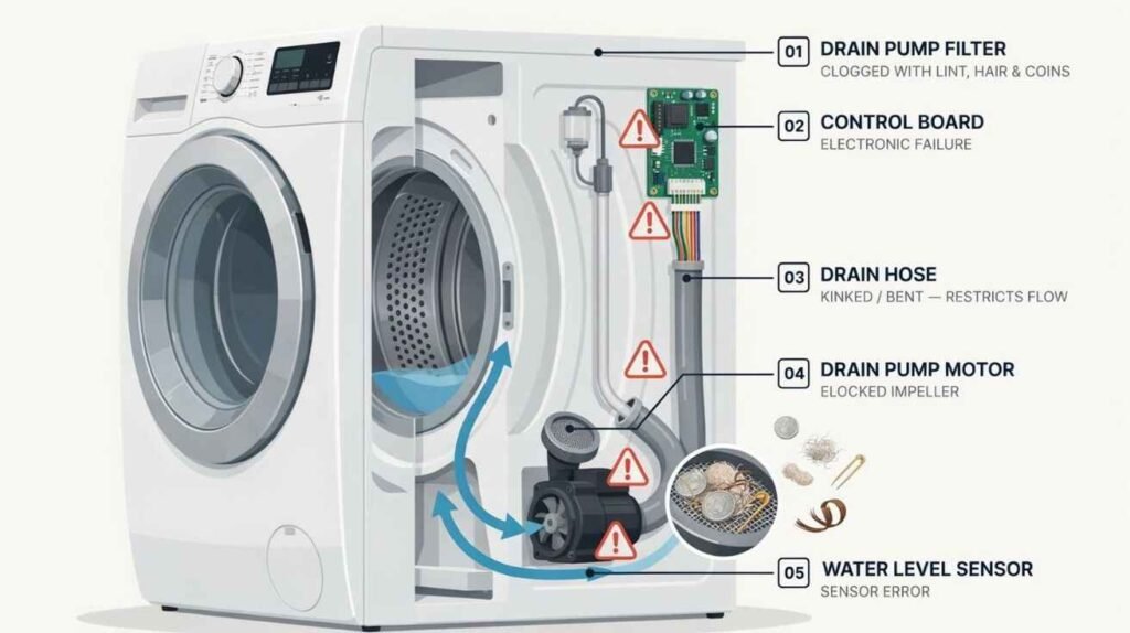 Cross-section diagram of a washing machine explaining common drainage failures including blocked filter, pump obstruction, control board error, and sensor malfunction with arrows showing water flow.